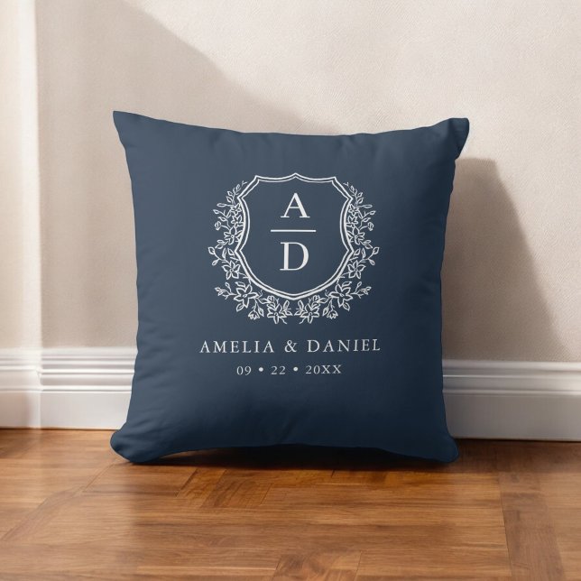 Modern Monogram Wedding Navy Blue Crest Throw Pillow (Creator Uploaded)