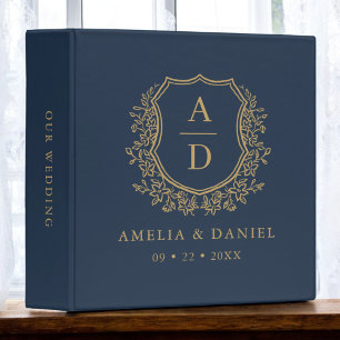 Modern Monogram Wedding Navy Blue Gold Crest 3 Ring Binder