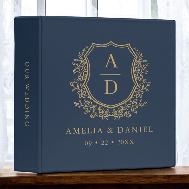 Modern Monogram Wedding Navy Blue Gold Crest 3 Ring Binder (Creator Uploaded)