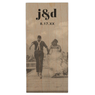 Modern Monogram Wedding Photo USB Wood Flash Drive