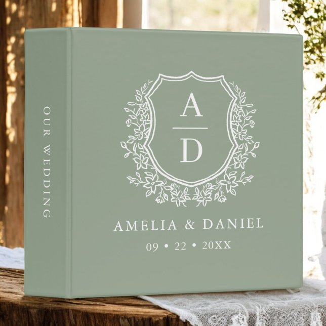 Modern Monogram Wedding Sage Green Crest 3 Ring Binder (Creator Uploaded)