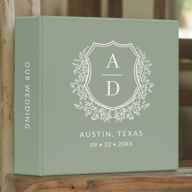 Modern Monogram Wedding Sage Green Crest 3 Ring Binder (Creator Uploaded)