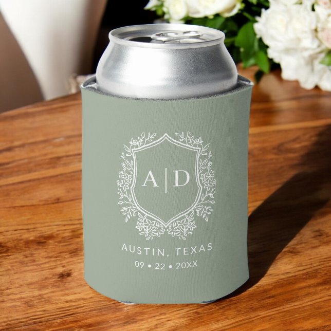 Modern Monogram Wedding Sage Green Crest Can Cooler (Creator Uploaded)
