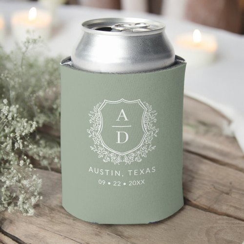 Modern Monogram Wedding Sage Green Crest Can Cooler