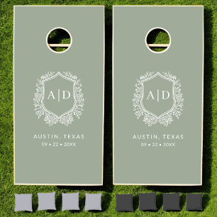Modern Monogram Wedding Sage Green Crest Cornhole Set