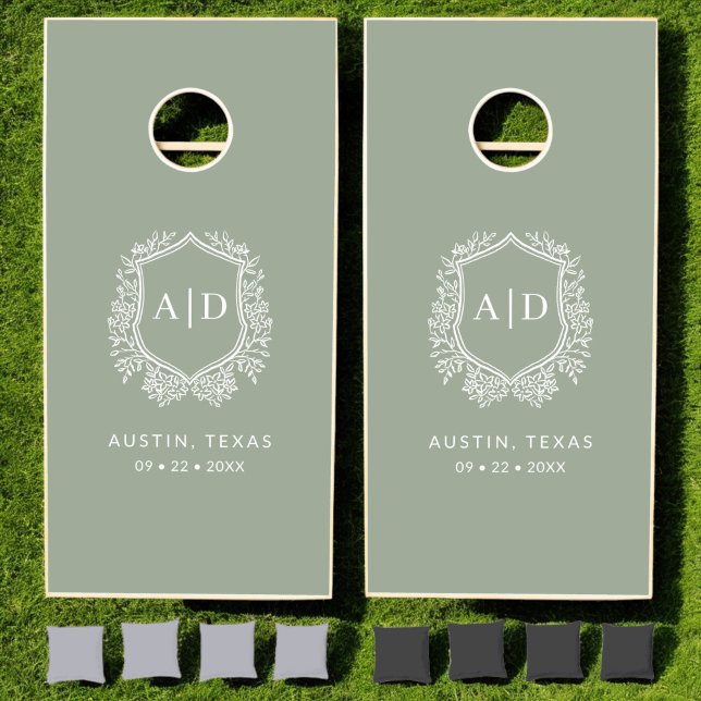Modern Monogram Wedding Sage Green Crest Cornhole Set (Creator Uploaded)