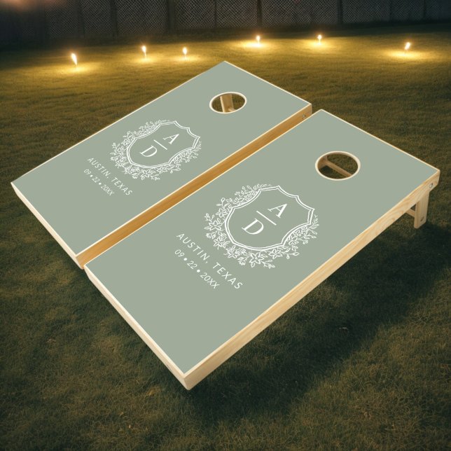 Modern Monogram Wedding Sage Green Crest Cornhole Set (Creator Uploaded)
