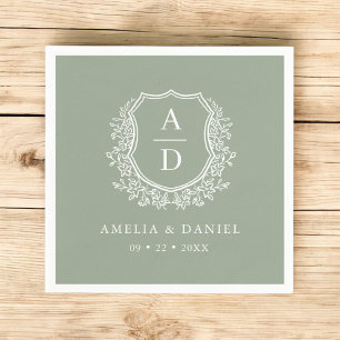Modern Monogram Wedding Sage Green Crest Napkins