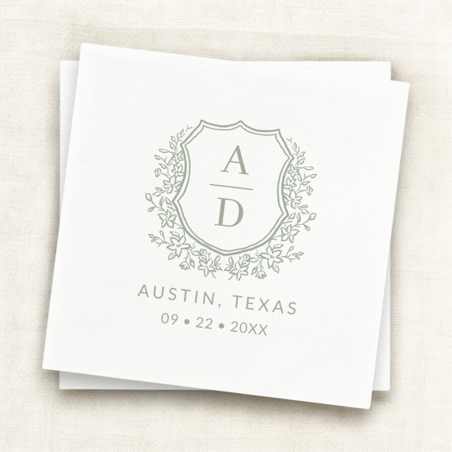 Modern Monogram Wedding Sage Green Crest Napkins (Creator Uploaded)