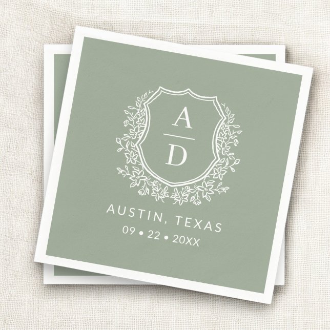 Modern Monogram Wedding Sage Green Crest Napkins (Creator Uploaded)