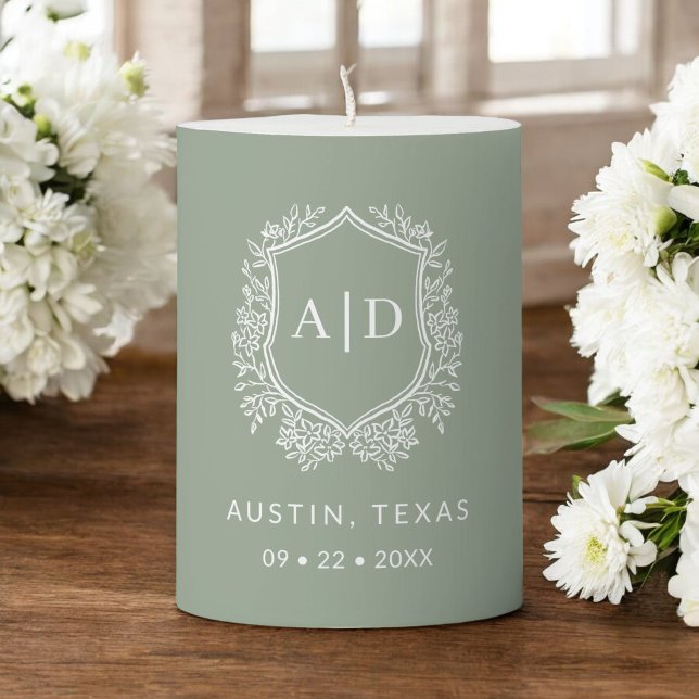 Modern Monogram Wedding Sage Green Crest Pillar Candle (Creator Uploaded)