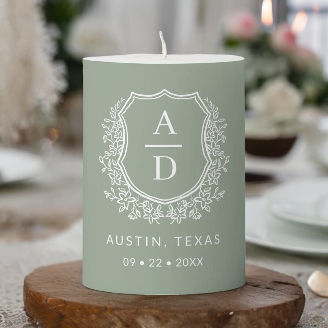 Modern Monogram Wedding Sage Green Crest Pillar Candle (Creator Uploaded)