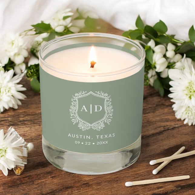 Modern Monogram Wedding Sage Green Crest Scented Candle (Creator Uploaded)