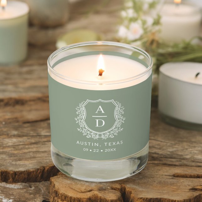 Modern Monogram Wedding Sage Green Crest Scented Candle (Creator Uploaded)