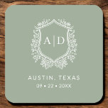 Modern Monogram Wedding Sage Green Crest Square Paper Coaster<br><div class="desc">Add an elegant touch to your celebration with the Modern Monogram Wedding Crest Square Paper Coaster. Featuring a sophisticated monogram crest design, these coasters are perfect for weddings, engagement parties, or bridal showers. The stylish square shape and high-quality, absorbent paper protect surfaces while enhancing your decor. Personalize with your initials...</div>