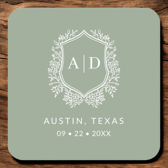 Modern Monogram Wedding Sage Green Crest Square Paper Coaster (Creator Uploaded)