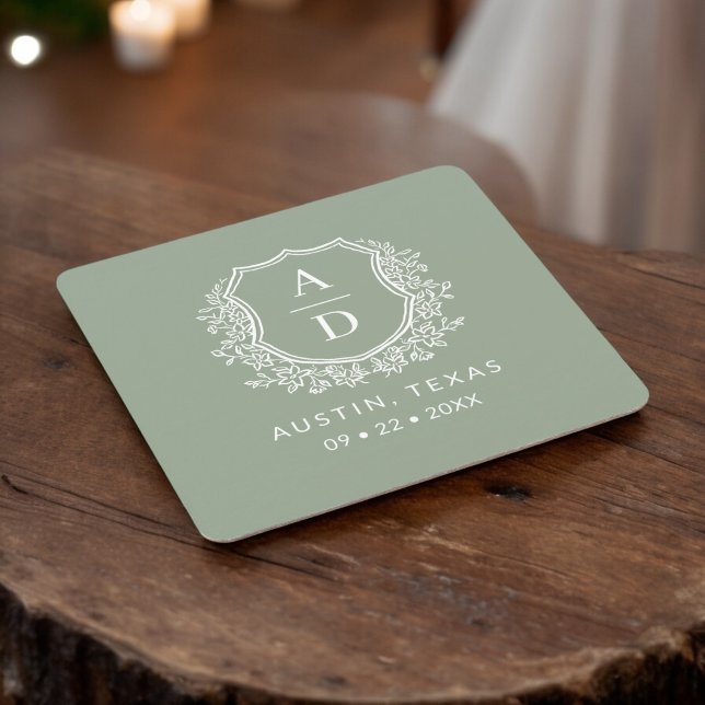 Modern Monogram Wedding Sage Green Crest Square Paper Coaster (Creator Uploaded)