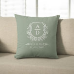 Modern Monogram Wedding Sage Green Crest Throw Pillow<br><div class="desc">Add a touch of elegance to your wedding décor with a modern monogram wedding crest throw pillow. Featuring a personalized crest design and your initials, this beautifully crafted pillow blends contemporary style with classic charm. The soft, luxurious fabric makes it perfect for accenting lounge areas, reception décor, or as a...</div>