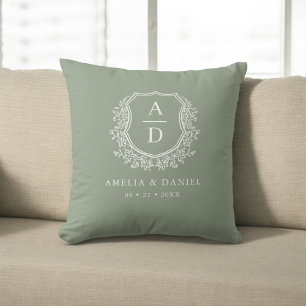 Modern Monogram Wedding Sage Green Crest Throw Pillow