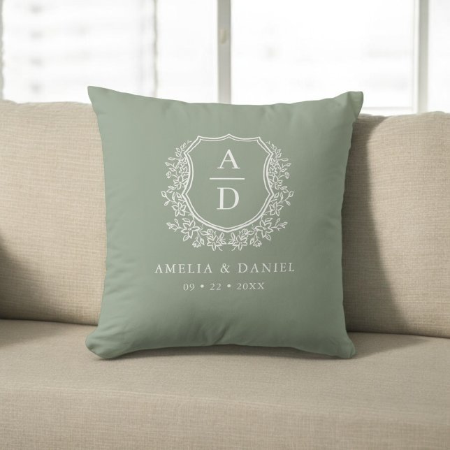 Modern Monogram Wedding Sage Green Crest Throw Pillow (Creator Uploaded)