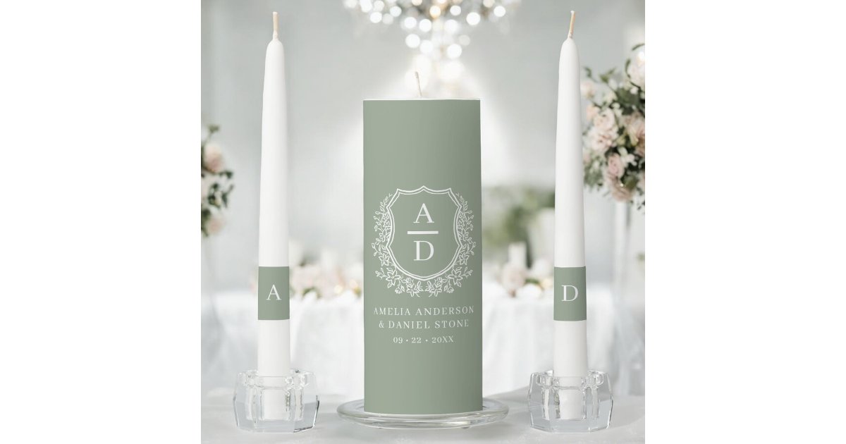 Modern Monogram Wedding Sage Green Crest Unity Candle Set | Zazzle