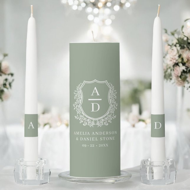 Modern Monogram Wedding Sage Green Crest Unity Candle Set (Creator Uploaded)