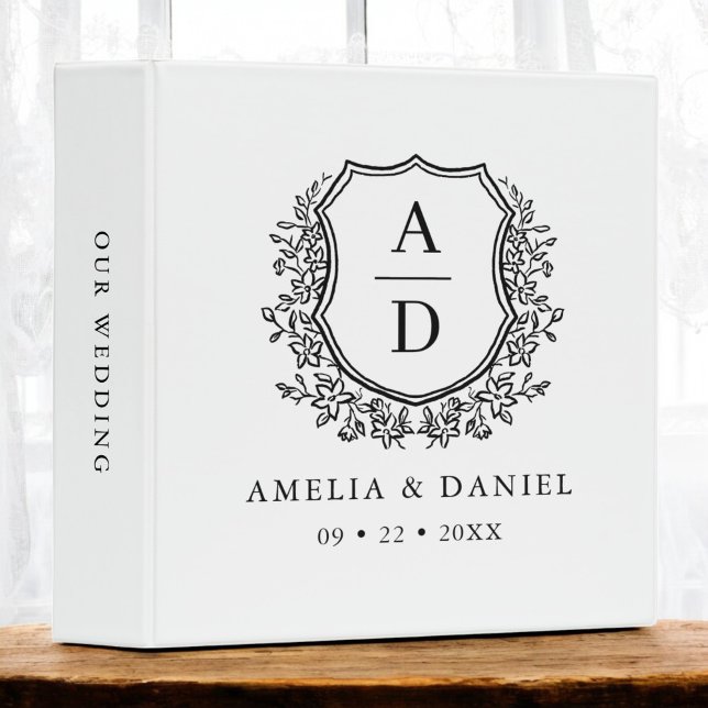 Modern Monogram Wedding White Black Crest 3 Ring Binder (Creator Uploaded)