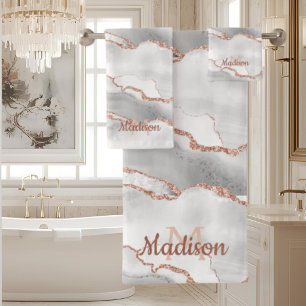 Modern Monogram  White Agate Rose Gold Glitter  Bath Towel Set