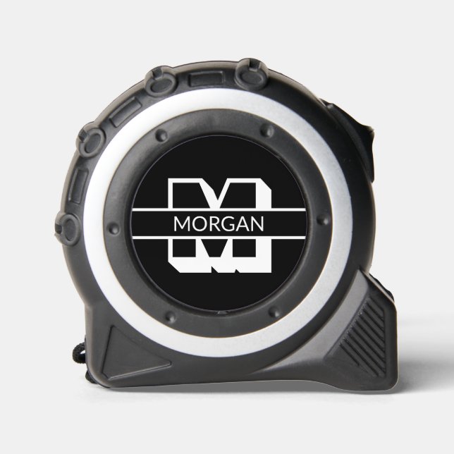 Modern monogram white black bold initial name tape measure (Front)