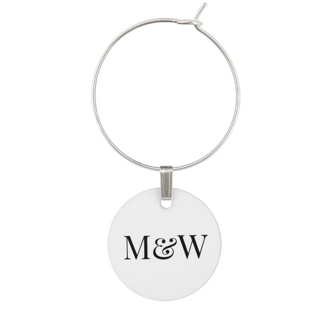 Modern Monogram White Black Couple Initials Wine Charm (Front)