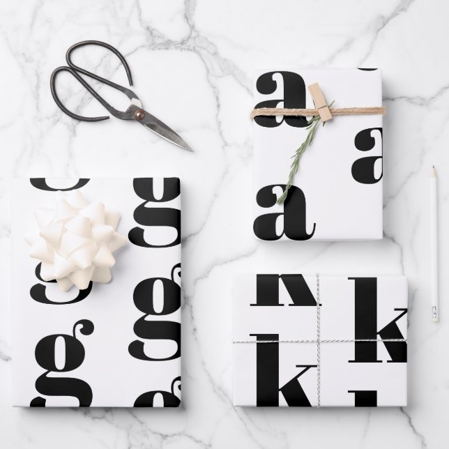 Modern monogram white black custom initial letter  wrapping paper sheets (Front)