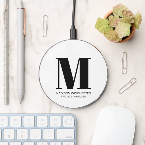 Modern monogram white black initial name title wireless charger 