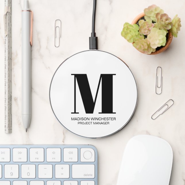 Modern monogram white black initial name title wireless charger  (Desk)