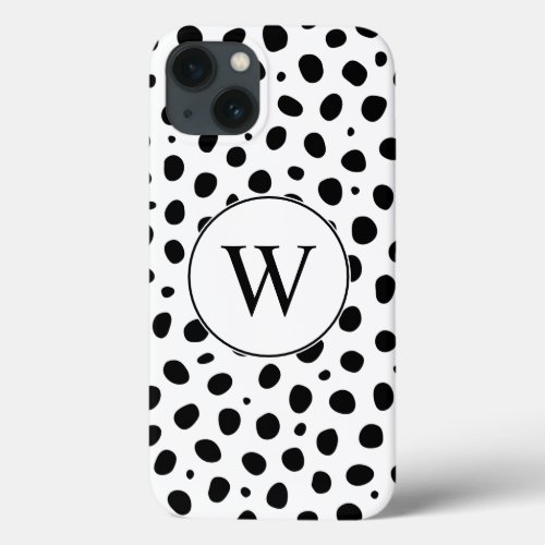 Modern Monogram White Black Polka Dots iPhone 13 Case