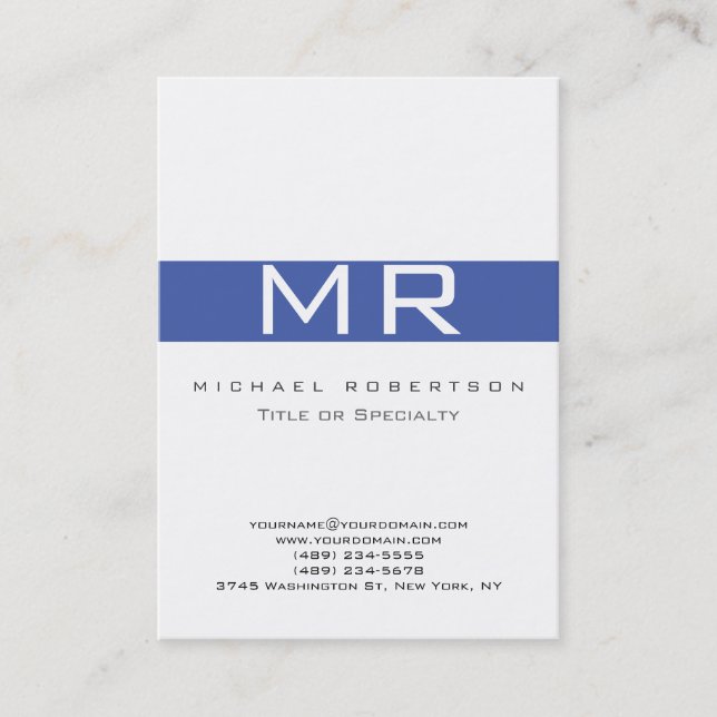 Modern Monogram White Blue Business Card (Front)