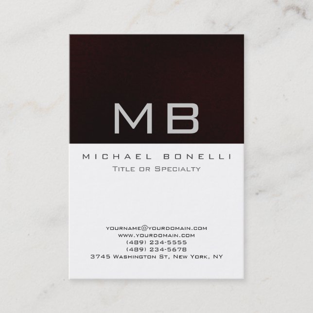 Modern Monogram White Dark Red Chic Business Card (Front)