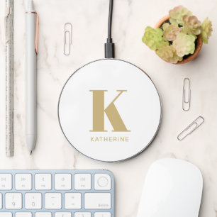 Modern monogram white gold custom name initial wireless charger 