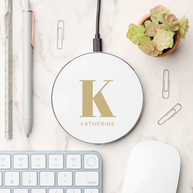 Modern monogram white gold custom name initial wireless charger  (Desk)