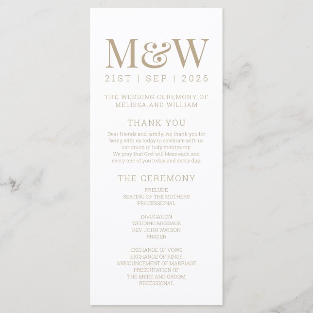 Modern Monogram White Gold Wedding Program (Front)