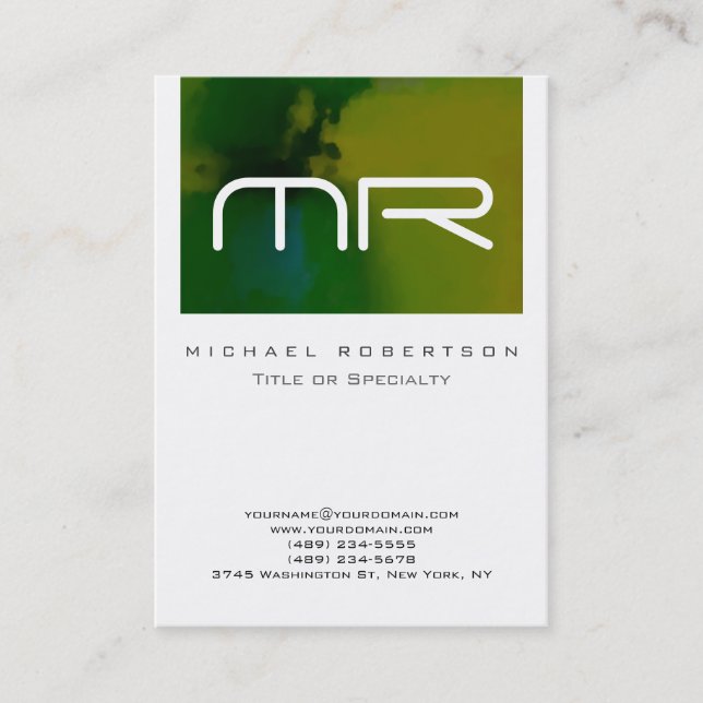 Modern Monogram White Green Abstract Business Card (Front)