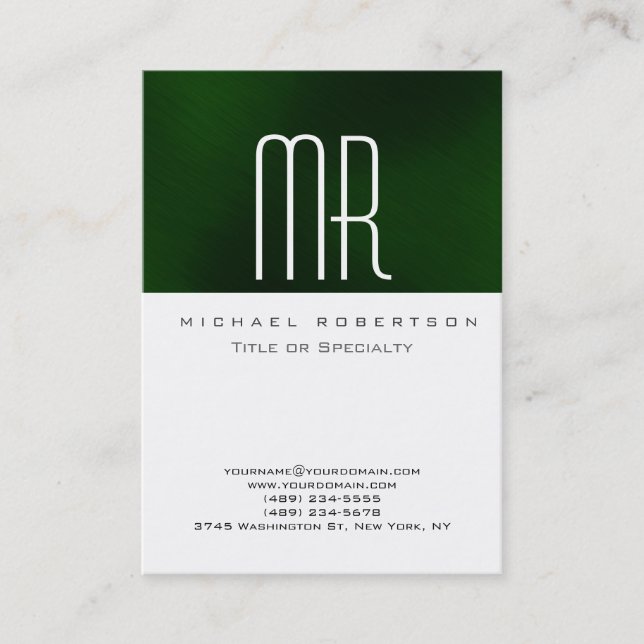 Modern Monogram White Green Clean Business Card (Front)