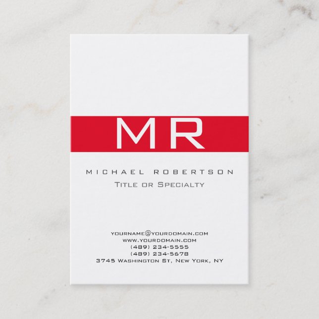 Modern Monogram White Red Business Card (Front)