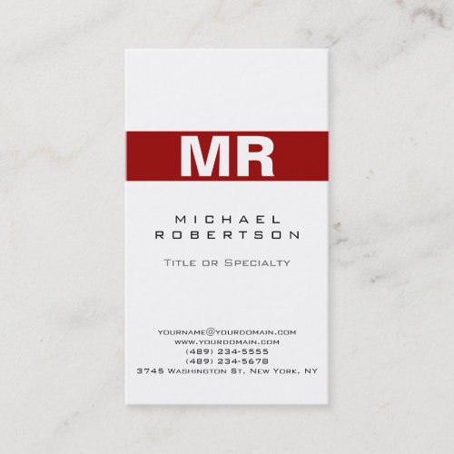 Modern Monogram White Red Clean Business Card