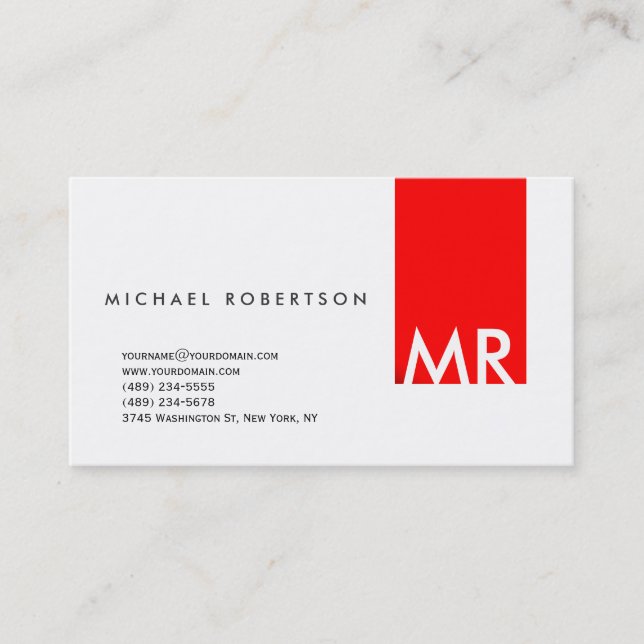 Modern Monogram White Red Clean Business Card (Front)