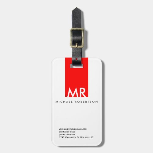 Modern Monogram White Red Minimalist Luggage Tag