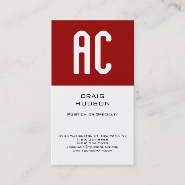 Modern Monogram White Red Plain Business Card (Front)