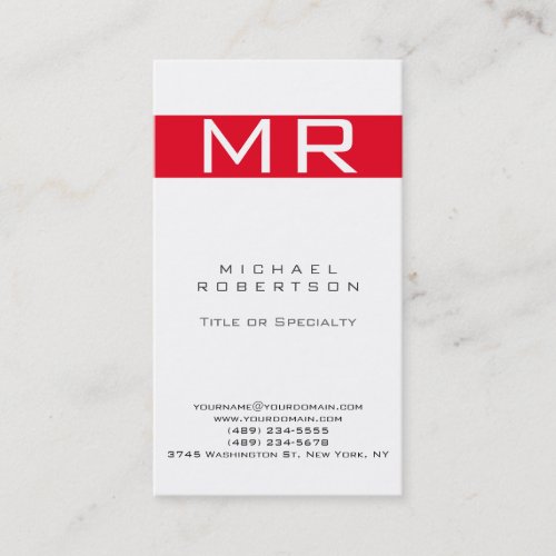 Modern Monogram White Red Stripe Business Card