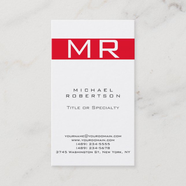 Modern Monogram White Red Stripe Business Card (Front)