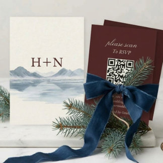 Modern Monogram Winter Mountain RSVP with QR Code Card