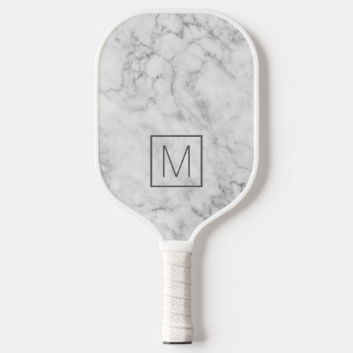 Modern Monogram with White Gray Marble Pattern Pickleball Paddle